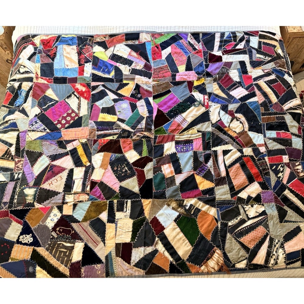 Antique Victorian Crazy Quilt 1903 Vintage Abstract Design Patchwork Quilt *tear